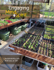 USF Engaging Mind & Spirit Magazine masthead with "Sustainability & Wellness" theme and photo of greenhouse on campus